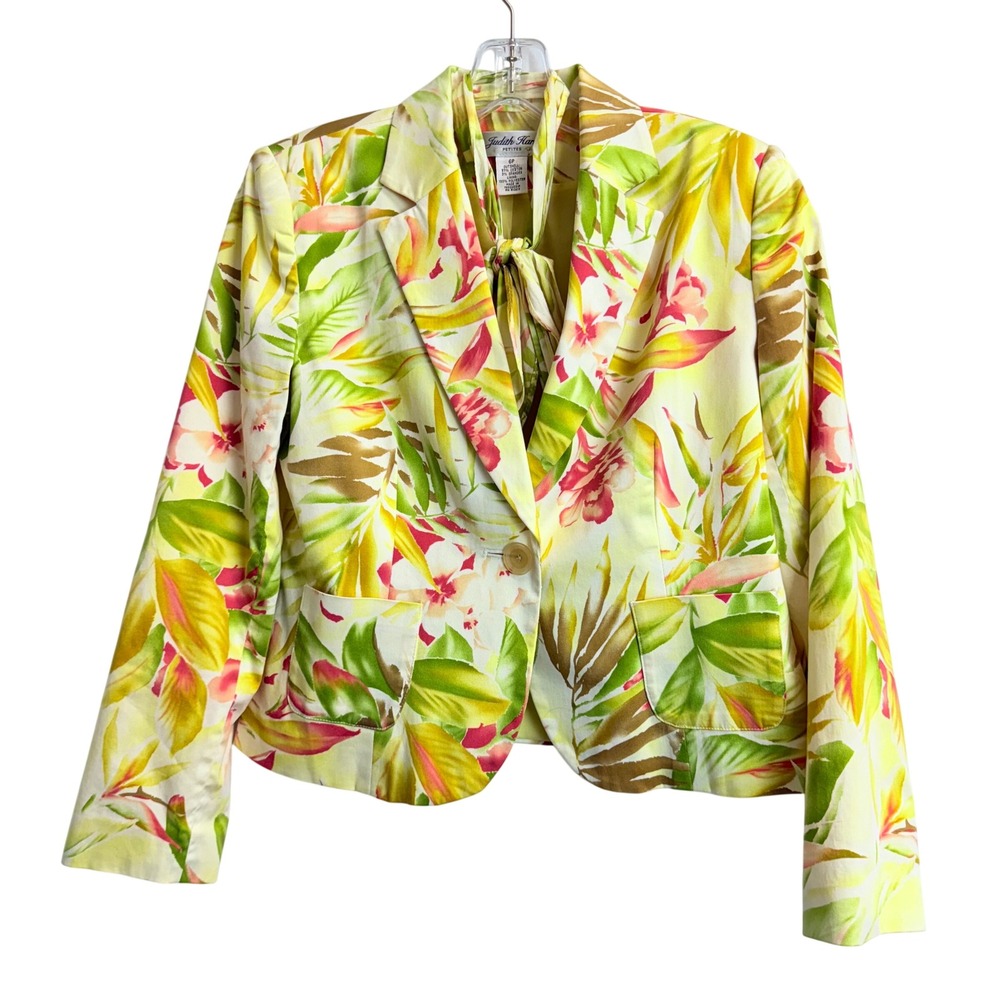 Judith Hart Petites Tropical Floral Blazer Jacket Yellow Green Pink Tie Neck 6P